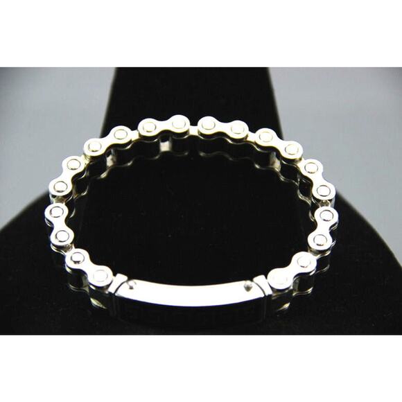 Stainless Steel Bicycle Chain MENS BRACELET Black Onyx Silver Inlay Greek Key - Picture 4 of 10
